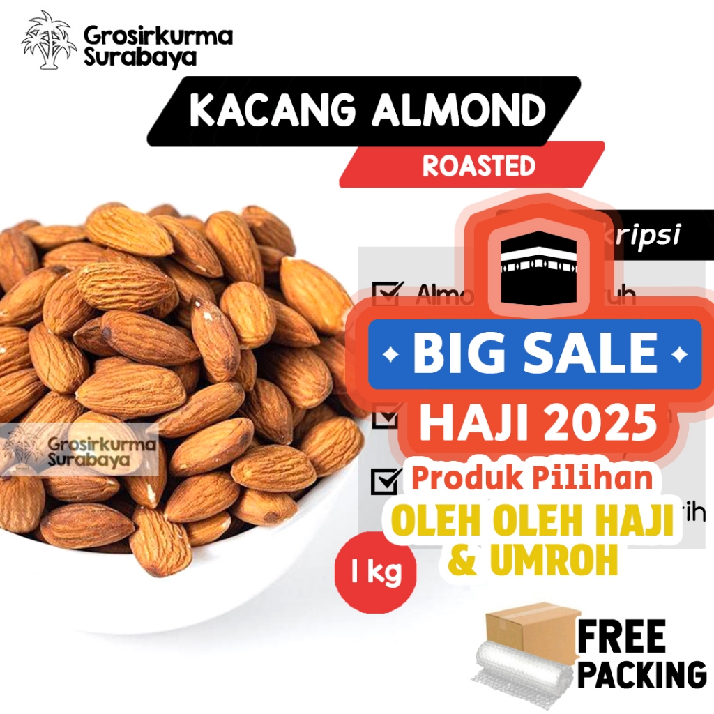 

Kacang Almond Panggang 1Kg Premium Roasted Oven Kupas Tanpa Kulit Bahan Snack Susu MPASI Booster