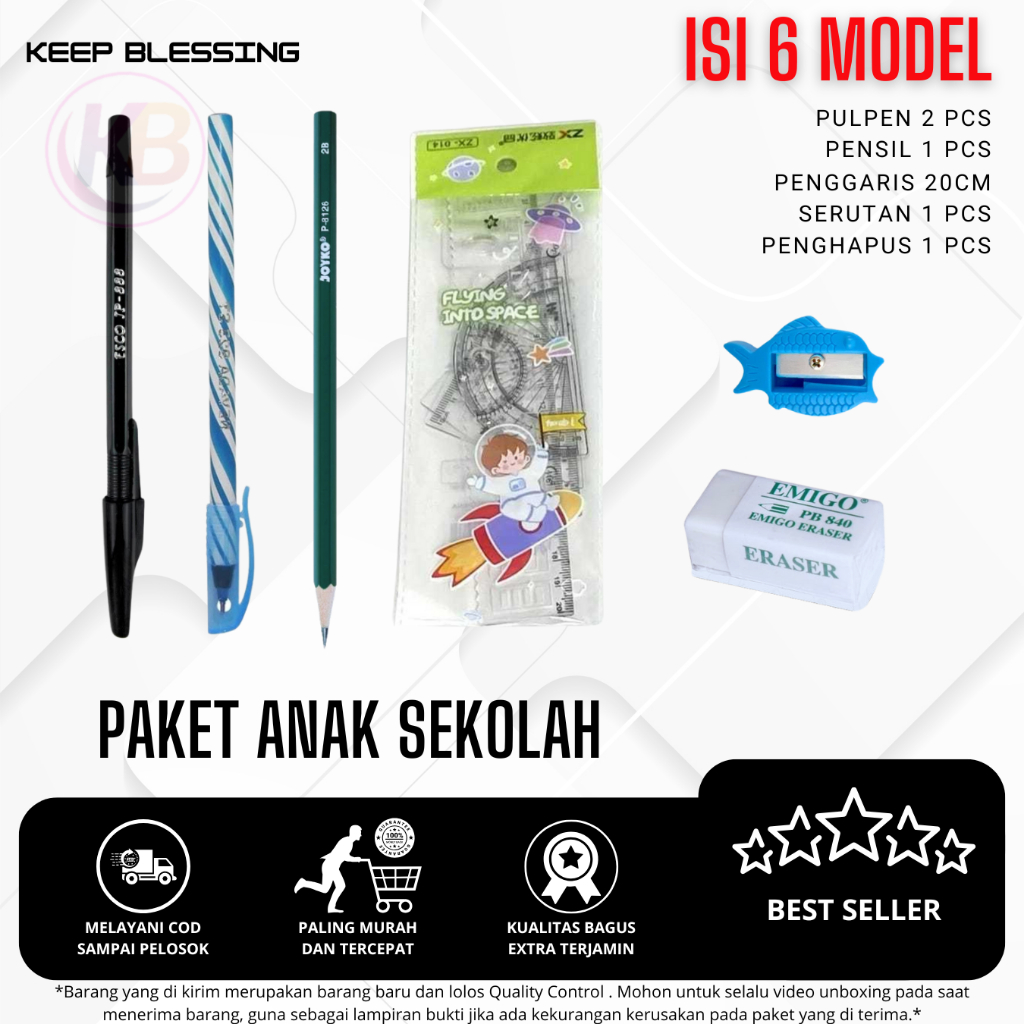 

1 Set ( 6 Model ) Perlengkapan Alat Tulis / Paket Pulpen Pensil Penggaris / Paket Lengkap Anak Sekolah / Cod / Duta Gemilang