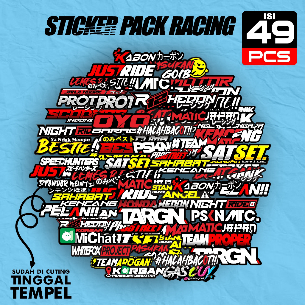 

(49 Pcs) Sticker Sponsor Racing Vinyl Waterproof - Kata-kata gokil Set Pack Terbaru Viral Anti Minyak Anti Gores Anti Air