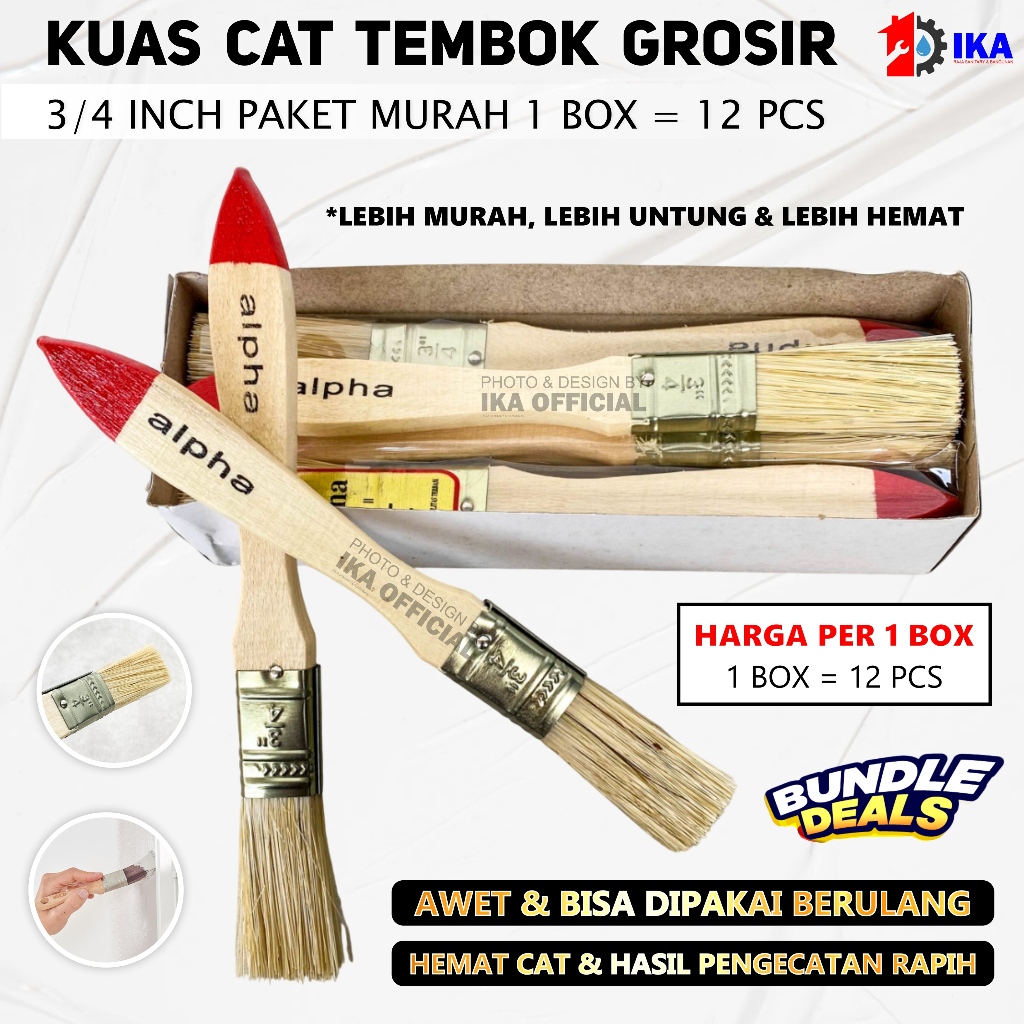 Kuas cat tembok / serbaguna gagang kayu 1/2 in bagus termurah kuat kuas cat 3/4" inchi 1Lusin kuas g