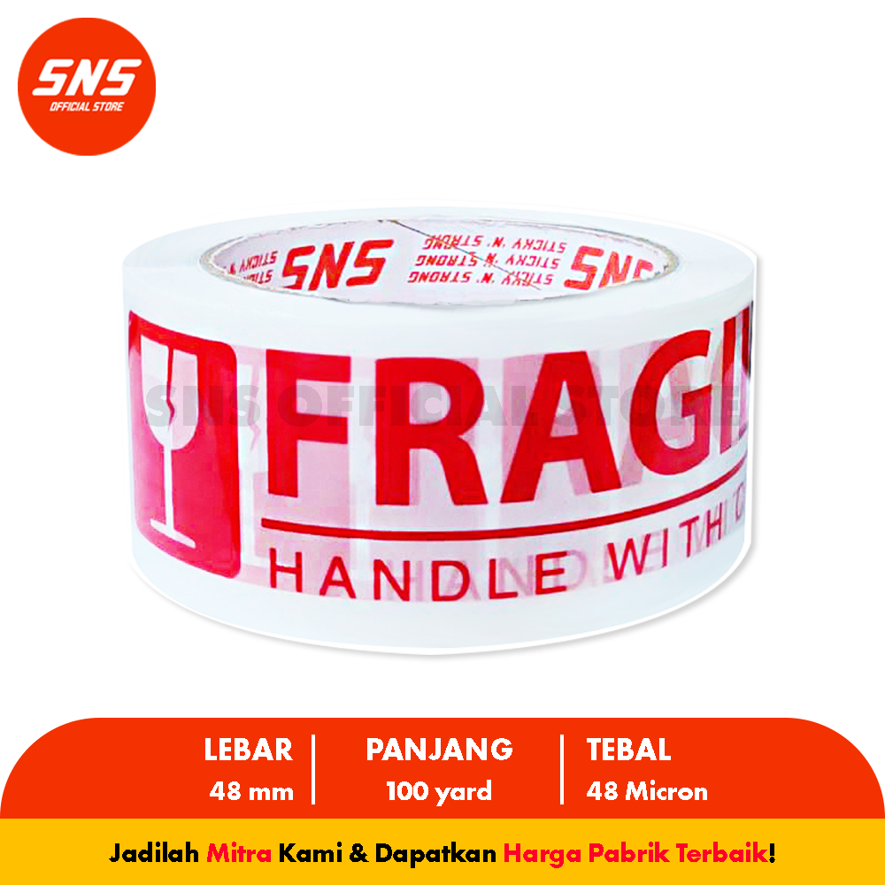 

Lakban Fragile Jangan dibanting Merah/Putih 100 Yard x 48 mm SNS (Sticky N Strong)
