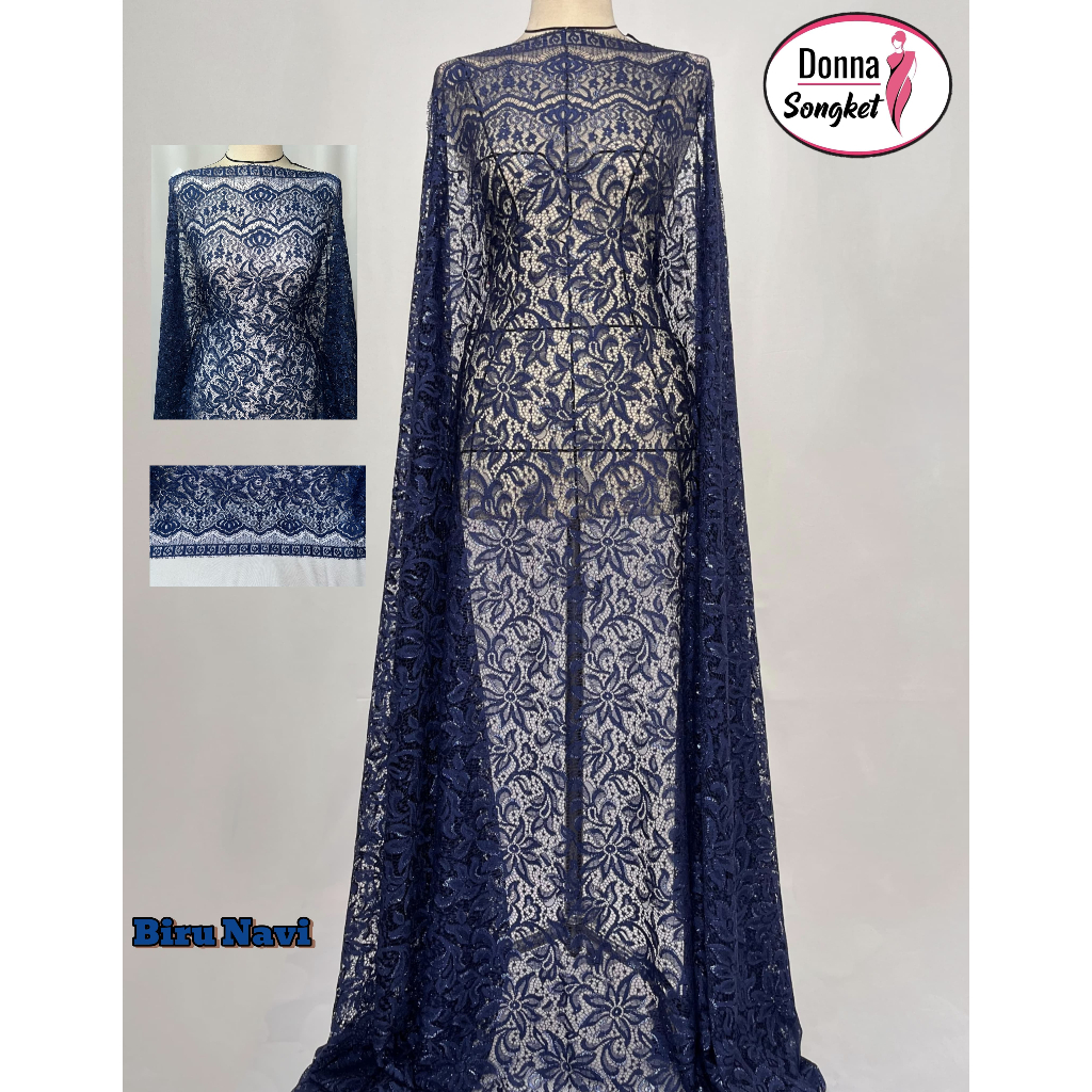 Brokat Navy Glossy Motif Bunga Bintang
