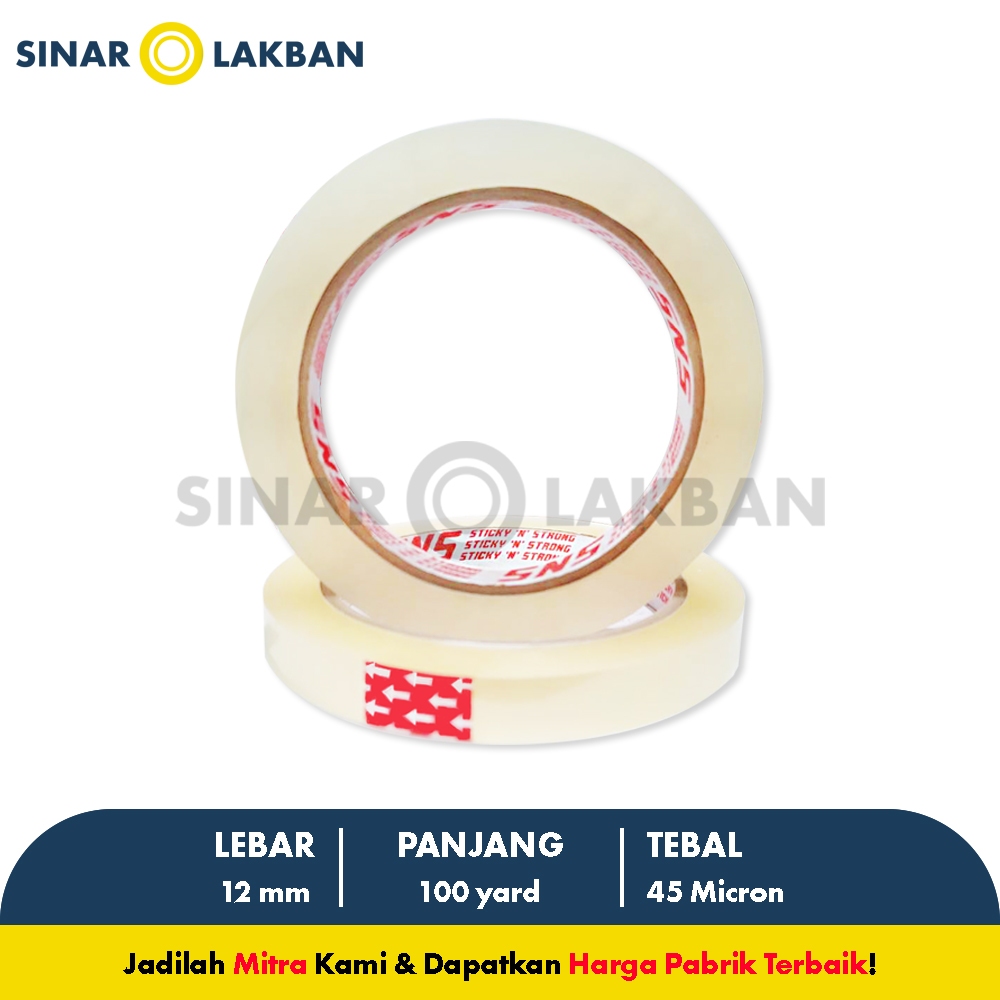 

Isolasi / Solatip Bening 12 Mm x 100 Yard x 45 Mic Sticky N Strong (SNS) SINAR LAKBAN