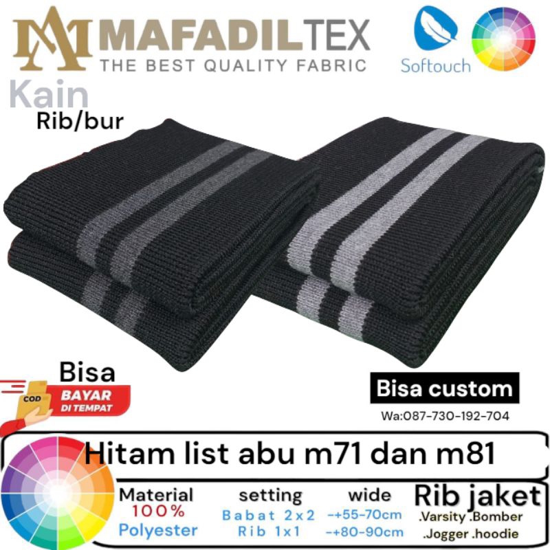 kain Rib/bur 1x1 warna Hitam list abu polyster premium