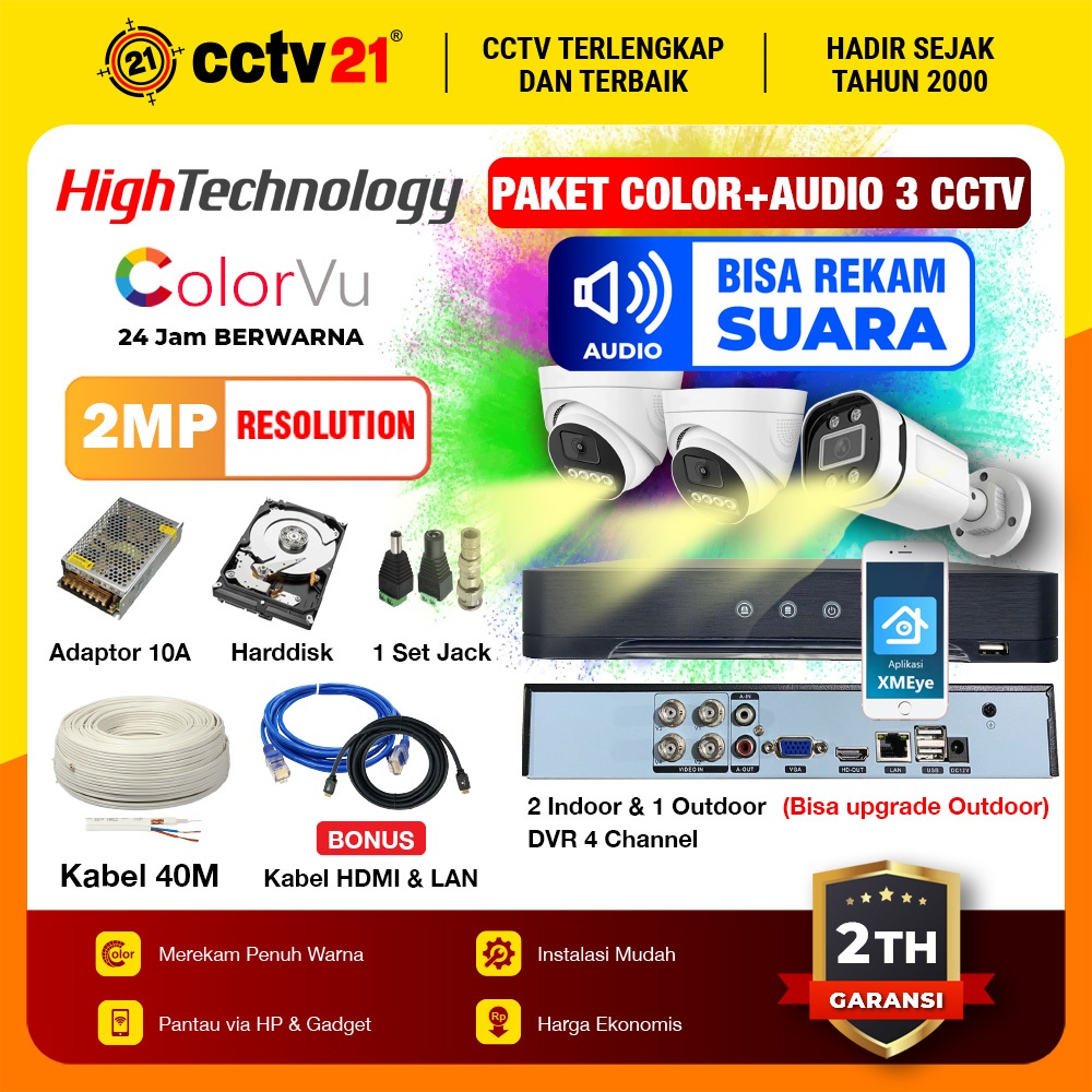 Paket CCTV 3 Camera 2MP Colorvu + Audio Full Color dan Rekam Suara