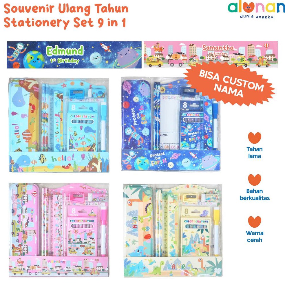 

KODE D74J ALUNAN Custom Set Alat Tulis 9 in 1 Hampers Ulang Tahun Anak Stationery Set Souvenir Ulang Tahun