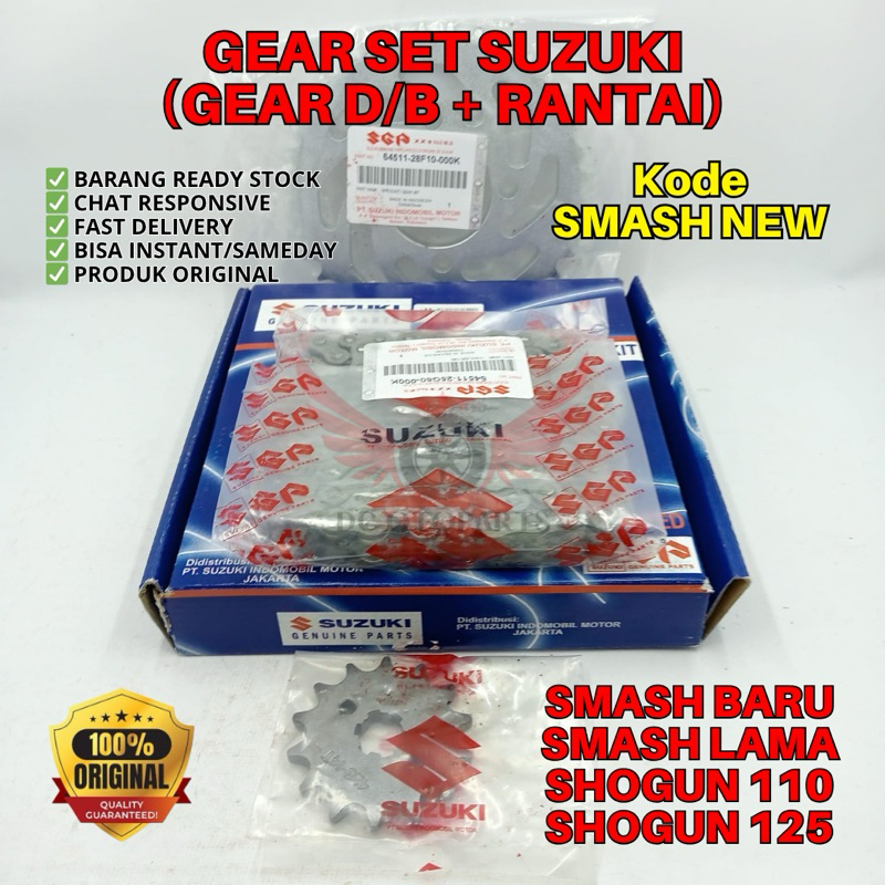 SMASH NEW GEAR SET D/B DEPAN BELAKANG + RANTAI SMASH ORIGINAL SUZUKI, PAKET GEAR SET ORIGINAL SMASH 