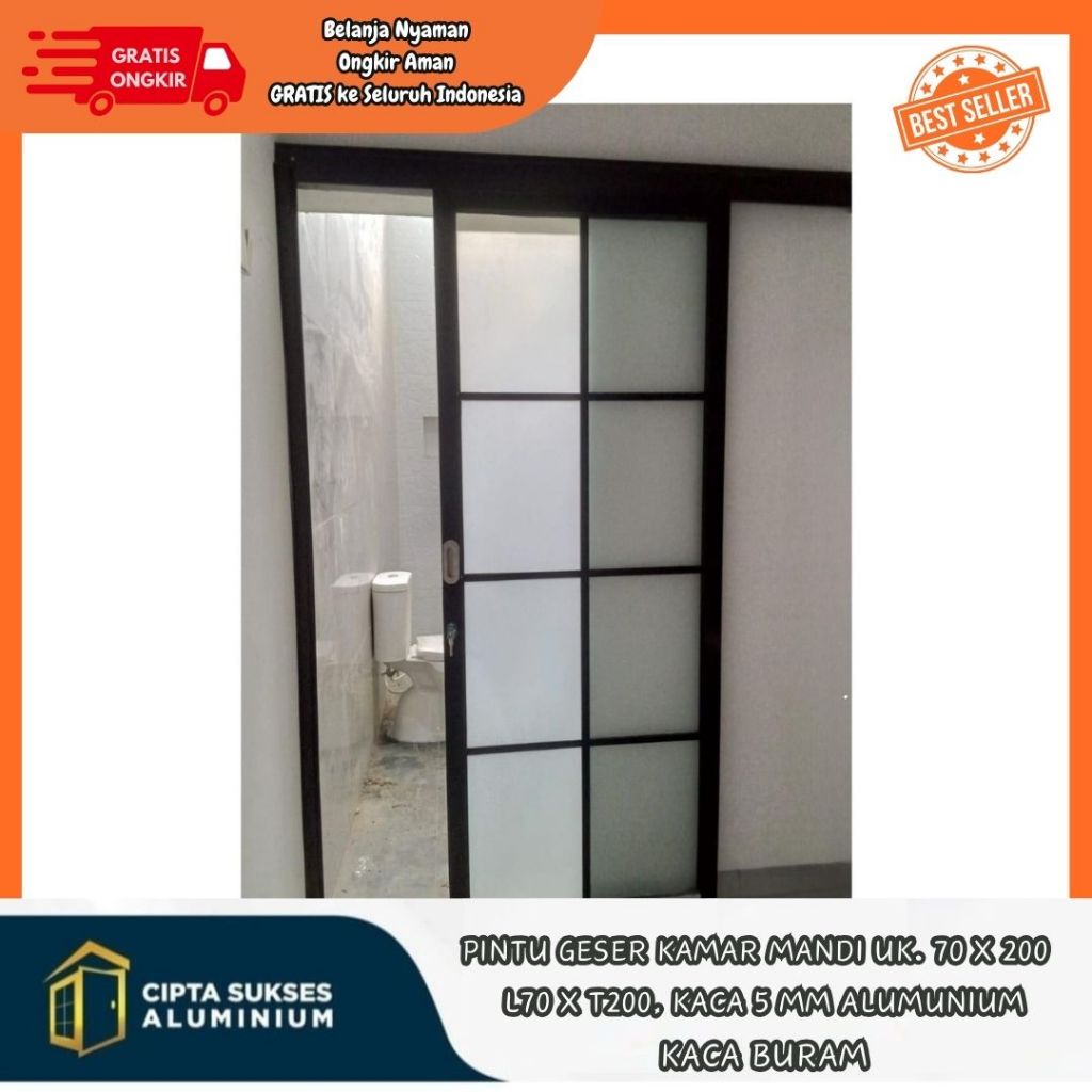 PINTU GESER SLIDING KAMAR MANDI UKURAN 70x200 ALUMINIUM kaca terbaru csa bergaransi partisi kamar ma
