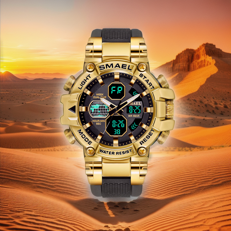 SMAEL 8027 Hitam,Hitam keemasan,Jam Tangan Taktis Militer Analog Digital HD yang Dapat Dipakai Tangg
