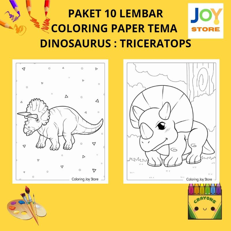 

PAKET 10 Lembar Kertas Gambar Mewarnai Tema Dinosaurus : Dino Triceratops Series Ukuran A4 150 gsm - Coloring Paper 093