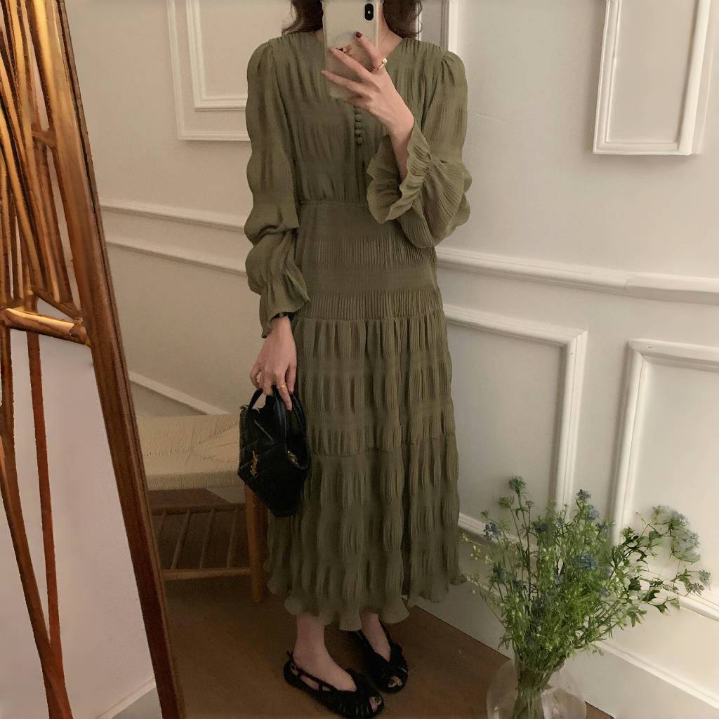 Gaun Sifon Lengan Panjang Musim Gugur Gaya Putri Prancis dress putih polos  M505