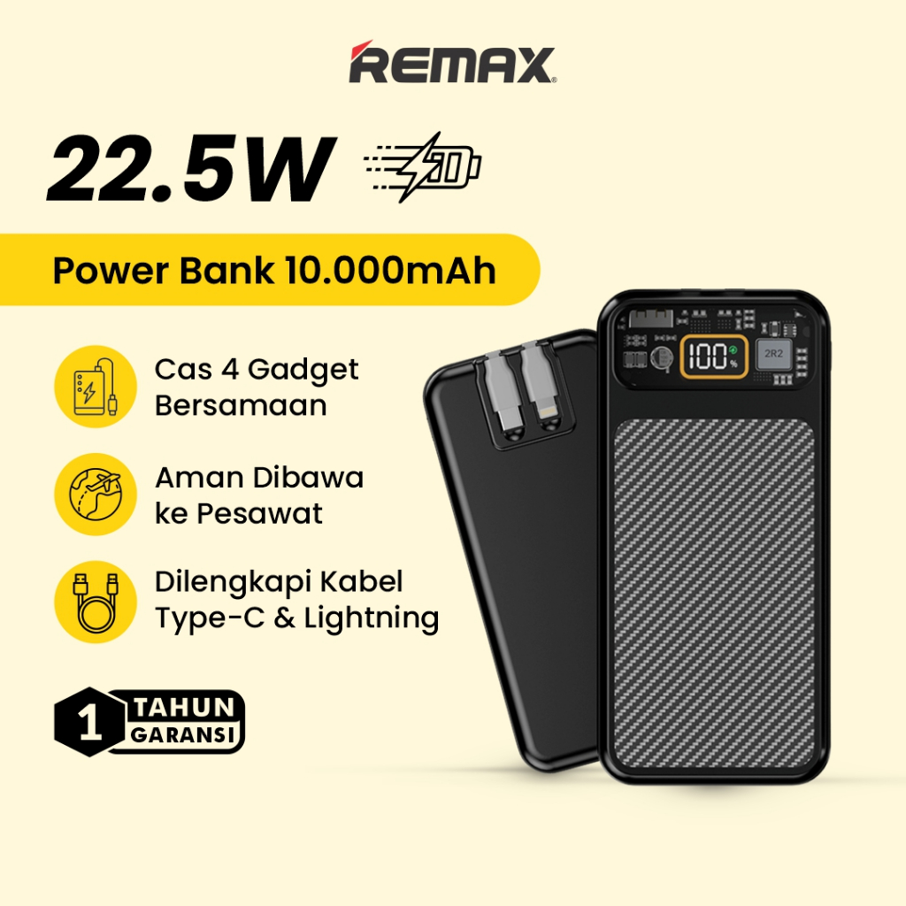 Powerbank Remax Power Bank 10000Mah 22.5W+20W With Cable Led Display RPP-123 Dijamin Ori