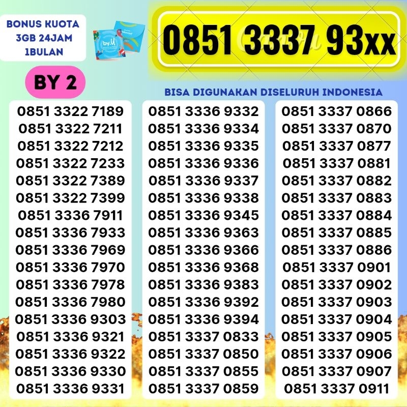 NOMOR CANTIK By.u TELKOMSEL NOMOR 3322 KARTU PERDANA BYU BONUS KUOTA INTERNET 3GB 1BULAN BUKAN 7GB 1