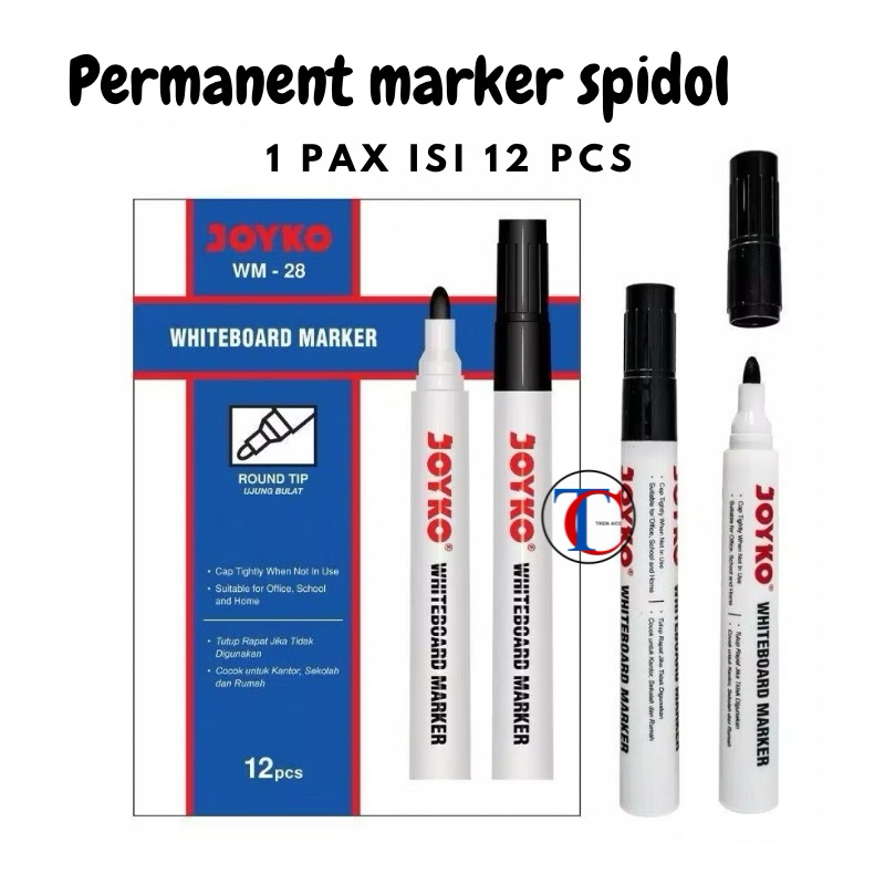 

[ 1 PAK 12 PCS ] Permanent Marker Spidol Permanen Round Tip Joyko Refillable / Spidol Permanen Dual Tip PM 17-19 / Cod
