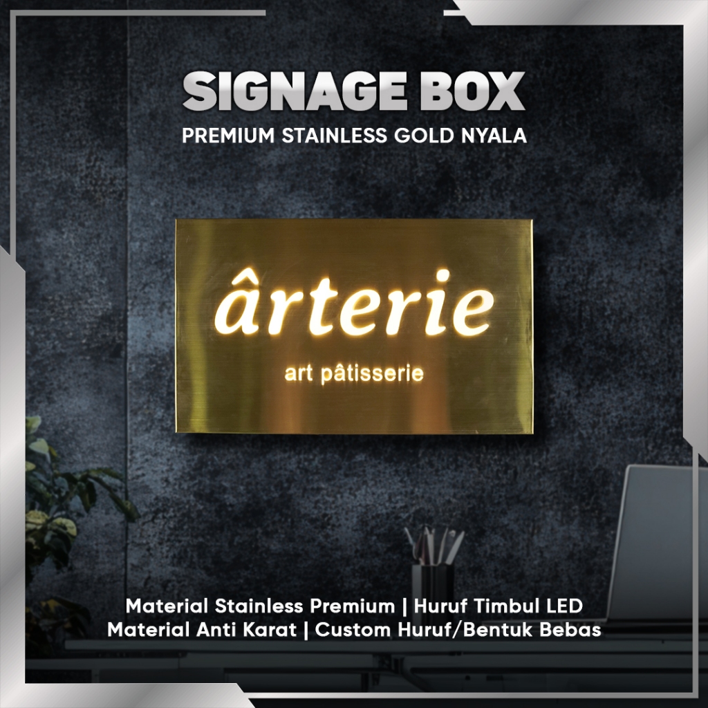 Signage Office Kantor Cafe Store Nomor Rumah Stainless Gold Box Dengan Huruf Akrilik Timbul Menyala 