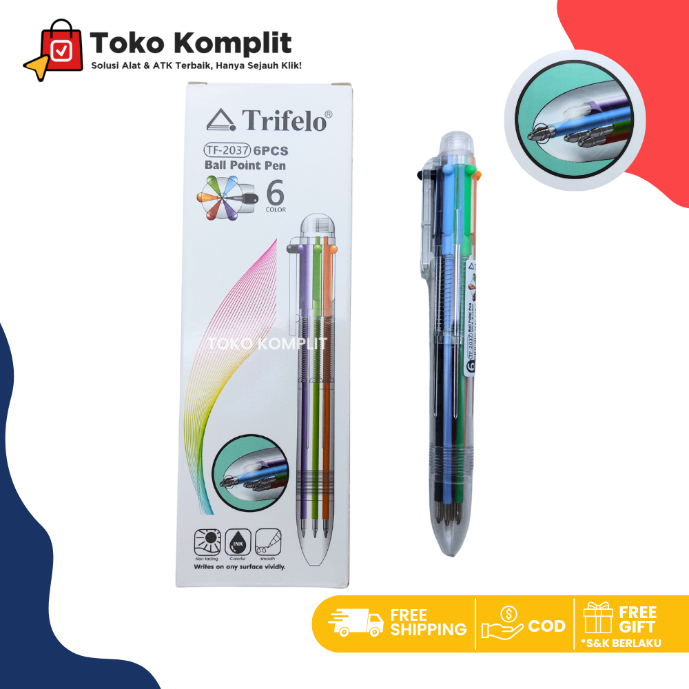 

Komplit - (1pcs) Pena Trifelo TF-2037 6 Warna / Ball Point Pen 6 Color Per Box isi 6 pcs Six in One / Ballpen Casing Transparant