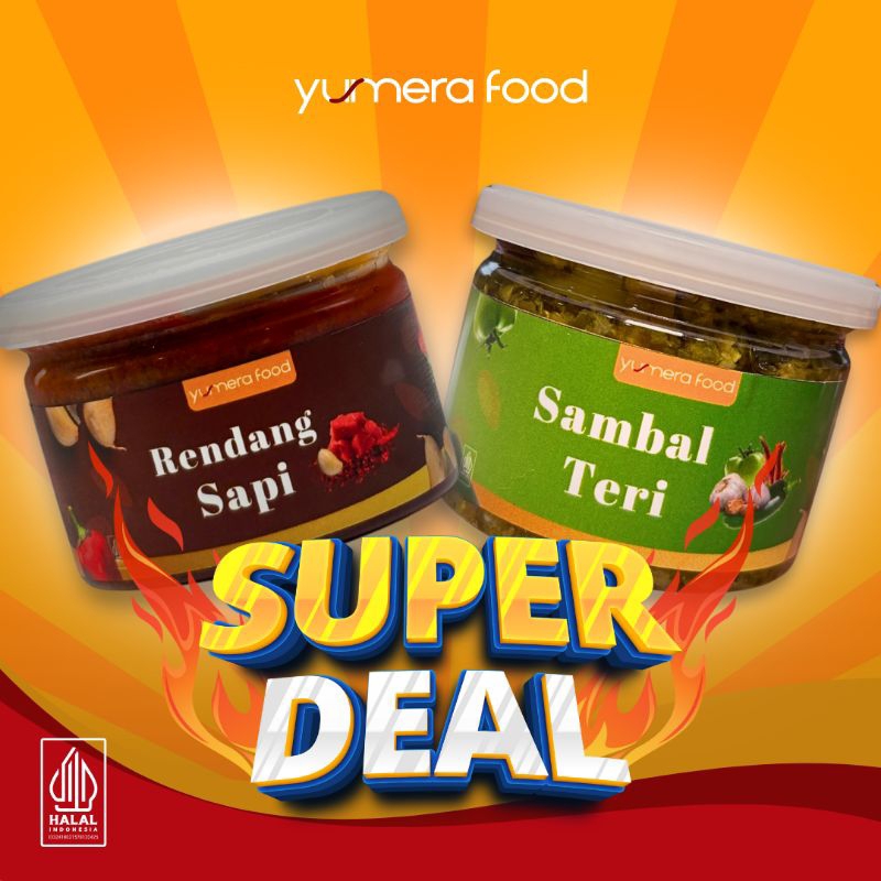 

Yumera Food – SUPER DEAL 1 - Rendang Sapi & Sambal Teri (Sapi Empuk / Masakan Padang / Teri Cabai Hijau / Petai Cabe Ijo / Pete Teri Pedas / Makanan Lauk Siap Saji [145gr]