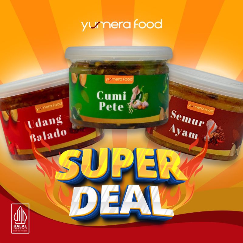 

Yumera Food – *SUPER DEAL 3* - Udang Balado + Cumi Pete + Semur Ayam (Sambal Balado / Udang Pedas / Cumi Cabai Hijau / Petai Cabe Ijo / Pete Cumi Pedas / Semur Ayam / Ayam Kecap / Makanan Lauk Siap Saji) [140gr - 145gr]