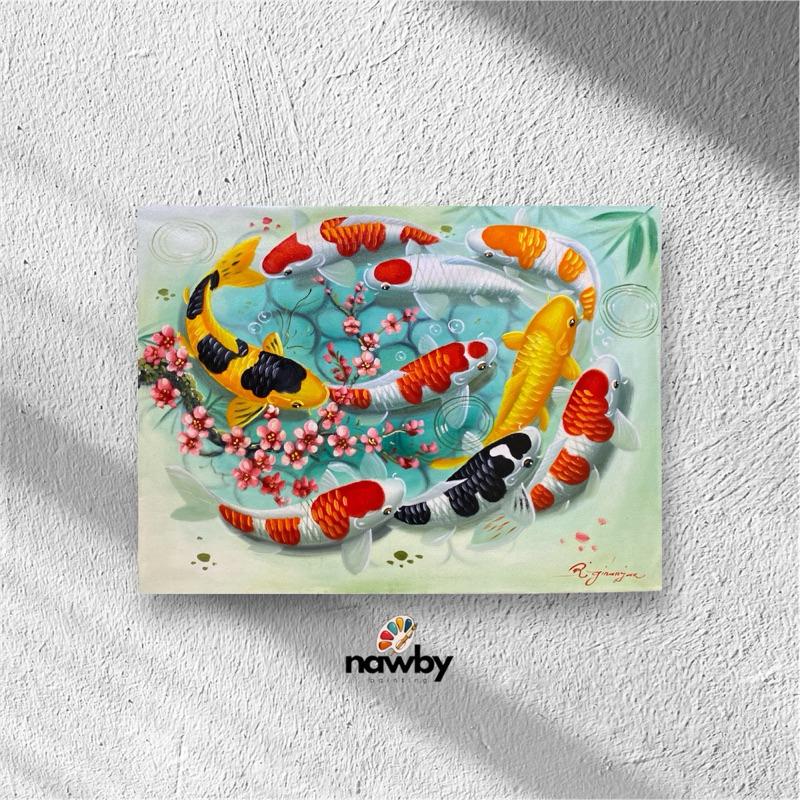 Lukisan Dinding Hiasan Ikan Koi Melingkar Bunga Sakura Media Kanvas 80x60
