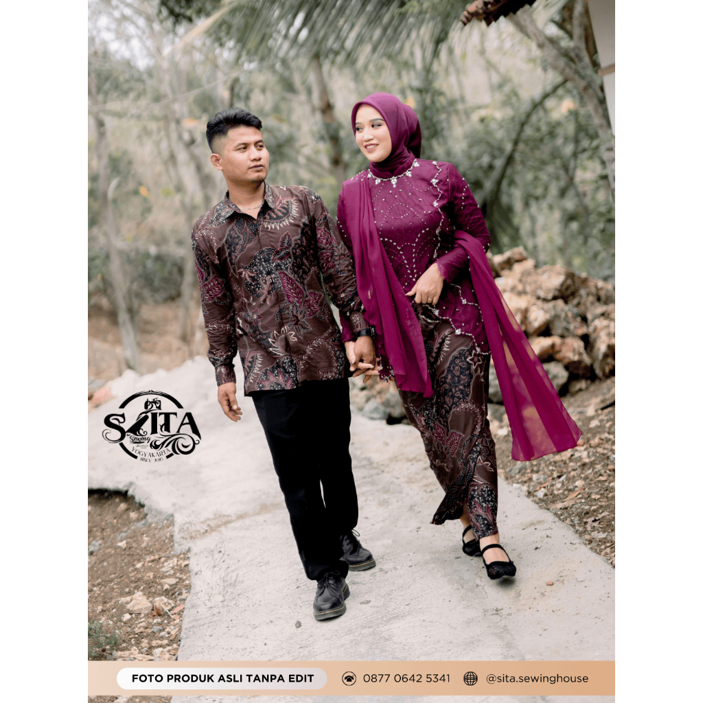 (JUAL/SEWA/JAHIT) SET COUPLE KEBAYA MODERN TUNANGAN FULL ROK KEMEJA SLENDANG WARNA MERAH MAROON