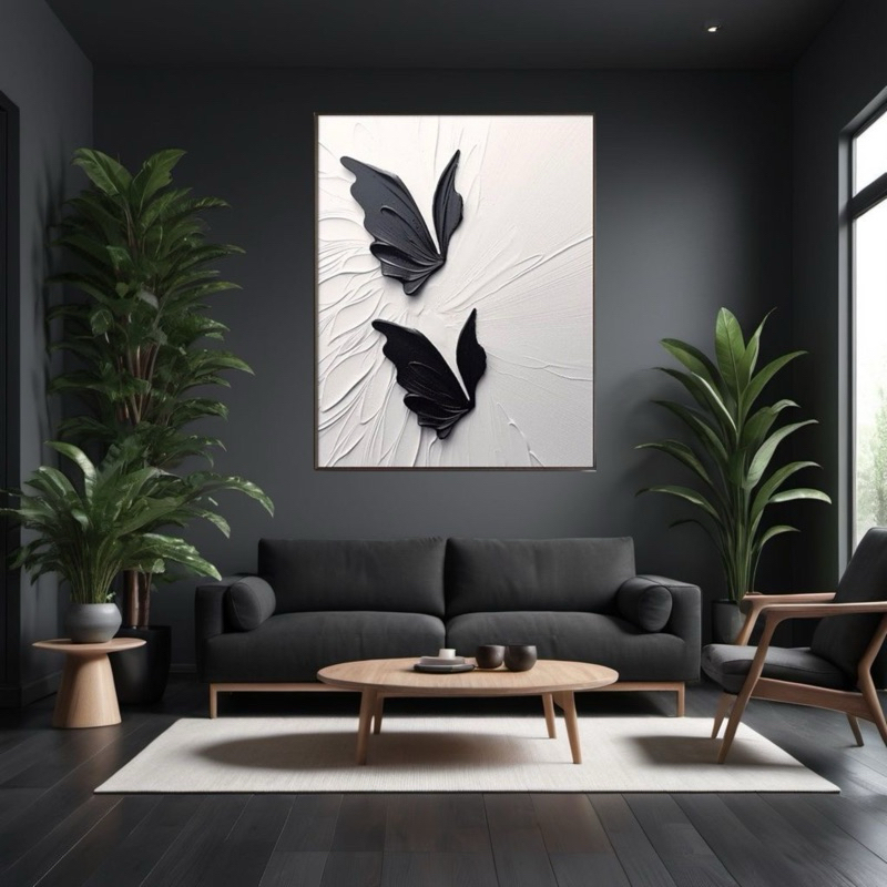 Lukisan dinding abstrak kanvas modern || tekstur tebal || Lukisan kupu kupu hitam background putih