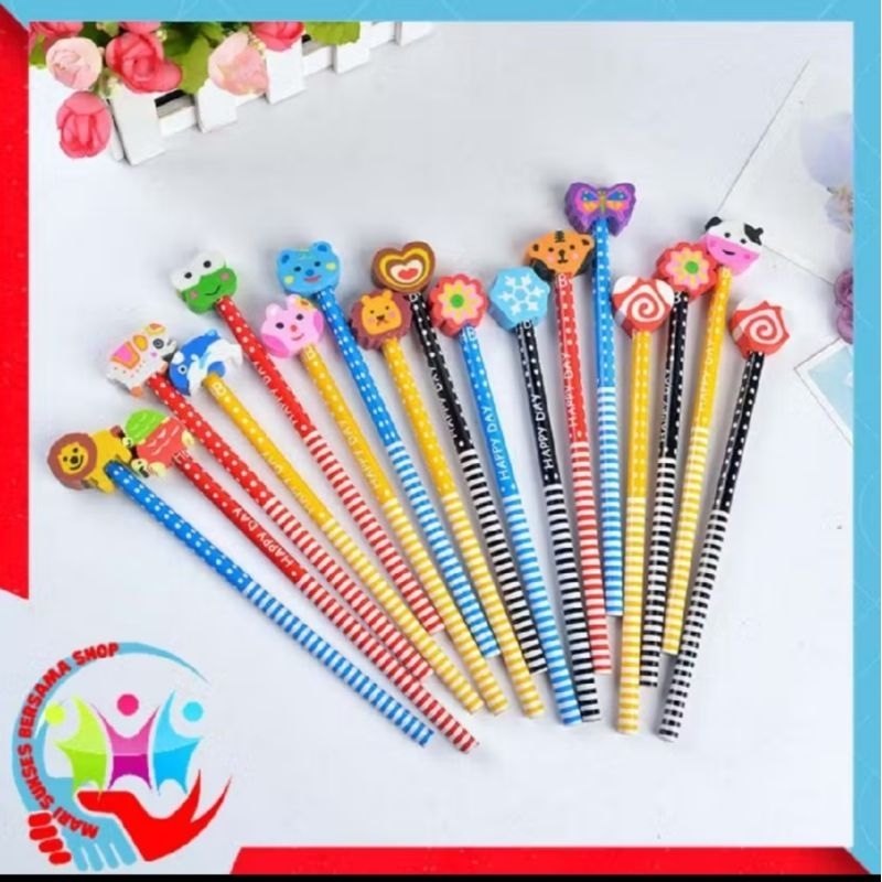

Pensil karakter kartun lucu motif + penghapus