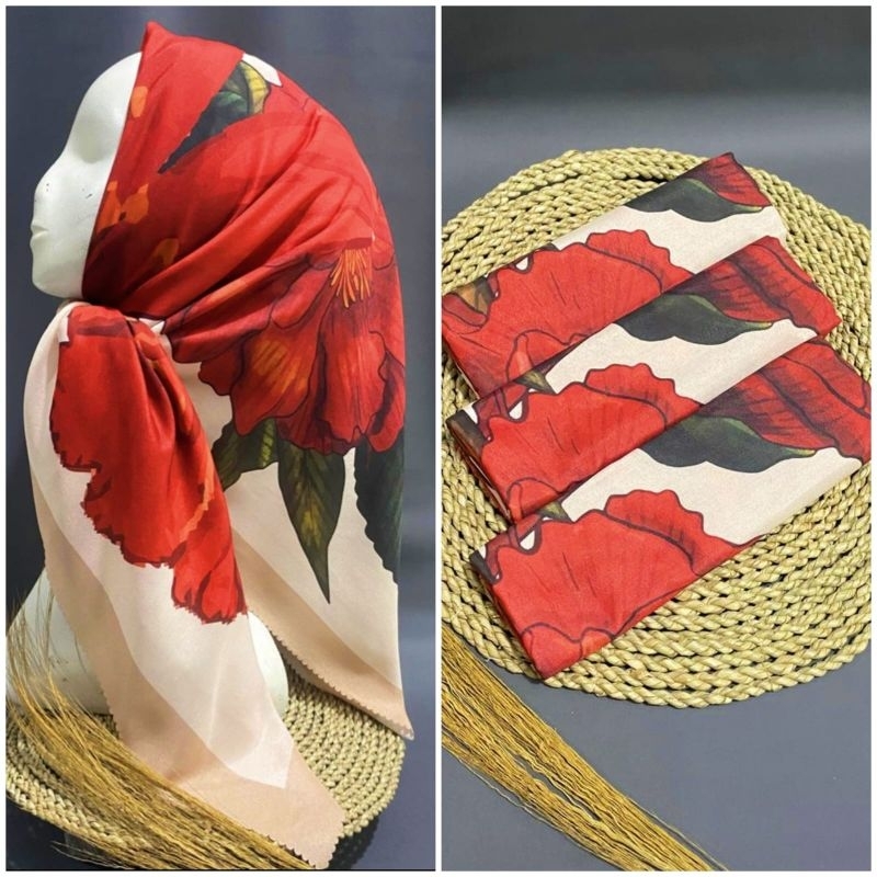 KERUDUNG SEGI EMPAT HIJAB MOTIF BUNGA CREAM MERAH HATI KODE 149