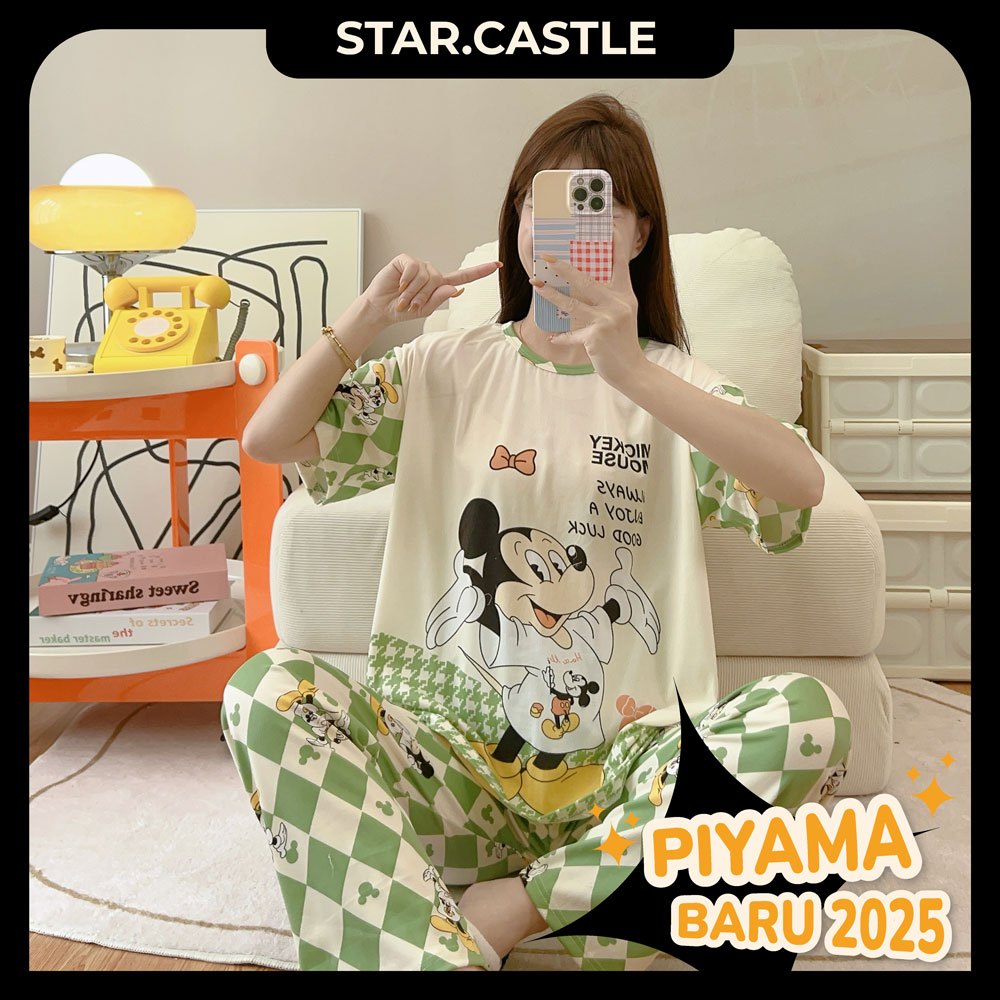 PROMO DISKON 2025 Piyama Baju Tidur Wanita Remaja Dewasa Set Baju Lengan Pendek Celana Panjang