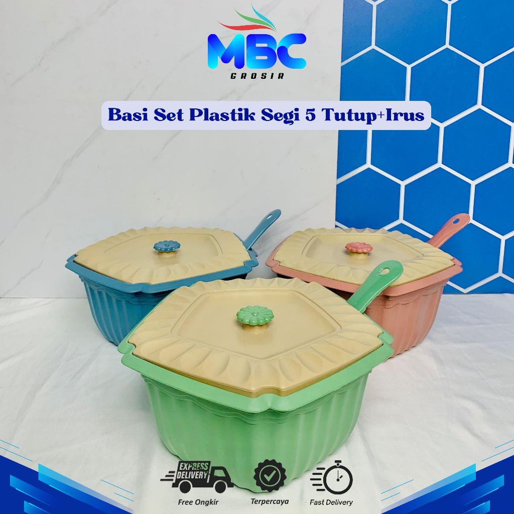 Basi Prasmanan Set Segi 5 Warna Retro Plastik Tutup+Irus/Basi Prasmanan Set Tutup+Irus