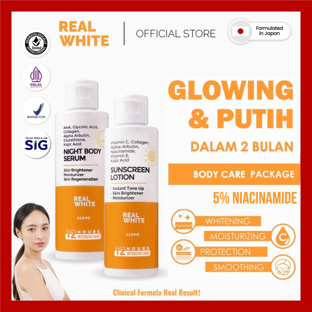 [5% 𝑵𝑰𝑨𝑪𝑰𝑵𝑨𝑴𝑰𝑫𝑬] 𝐑𝐄𝐀𝐋 𝐖𝐇𝐈𝐓𝐄 Paket Lotion Pemutih Pagi & Malam Whitening Body Care Day Night Serum Al