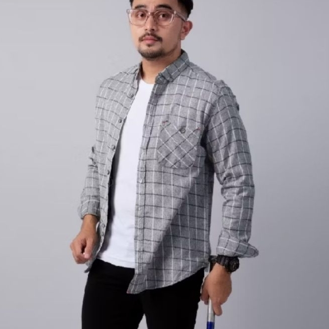 MOODDAYS KEMEJA FLANEL LENGAN PANJANG PRIA PREMIUM OUTER GREY LONG SHIRT