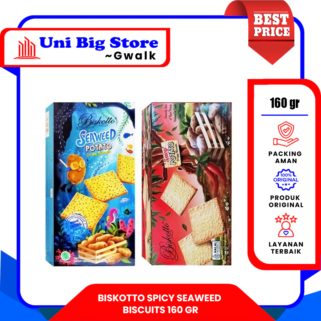 

BISKOTTO POTATO CRISPY BISCUIT SEAWEED & SPICY BISKUIT KENTANG - 160 gr