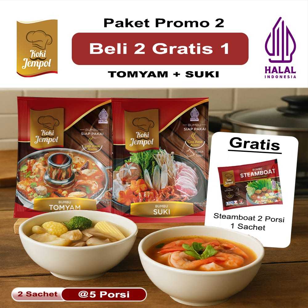 

Buy 2 get 1 Bumbu Tomyam dan Suki Gratis Bumbu Steamboat 2 porsi Halal Tanpa Pengawet Koki Jempol