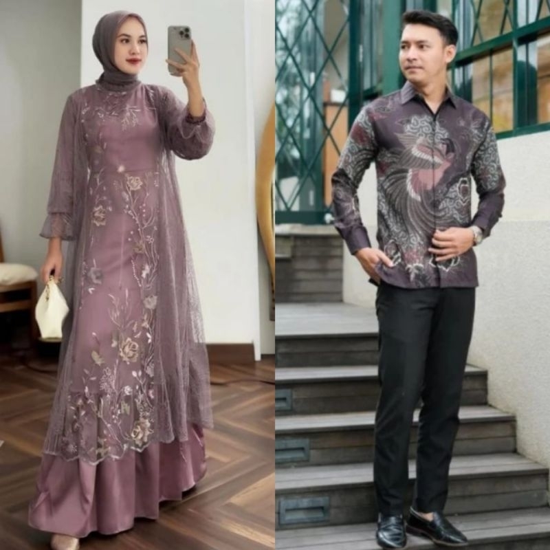 (ADA JUMBO) Batik Couple Gamis Brokat Terbaru Couple Kondangan Couple Tunangan Modern Jumbo,Dress Br