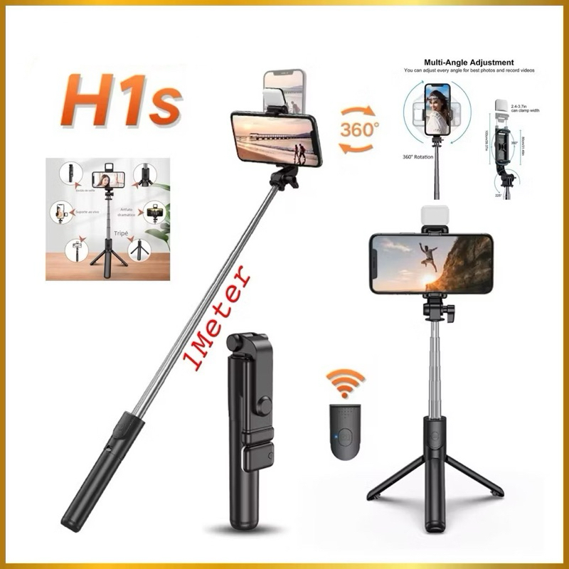 Tongsis Tripod Lampu H1S 1 Meter Tongsis Selfie Remote Shutter Bluetooth Stick Tripod 1M