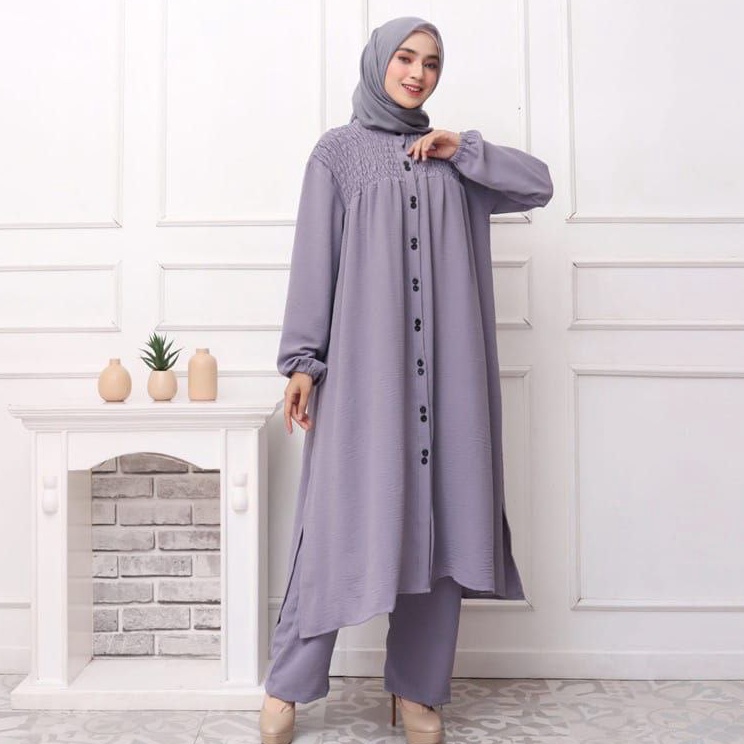 Terlaris JayaCo Setelan Smok Crinkle  Setelan Celana Kerut Long Tunik Crinkle