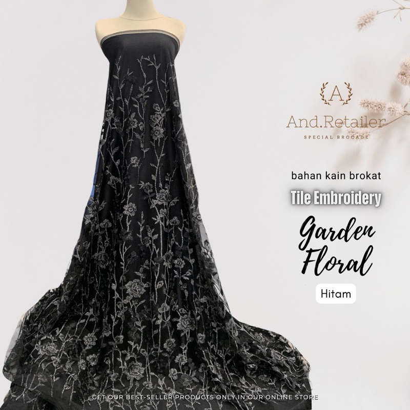Bahan Kain Kebaya Mewah Brokat Tile Embroidery GARDEN FLORAL Benang Metalic Warna Hitam