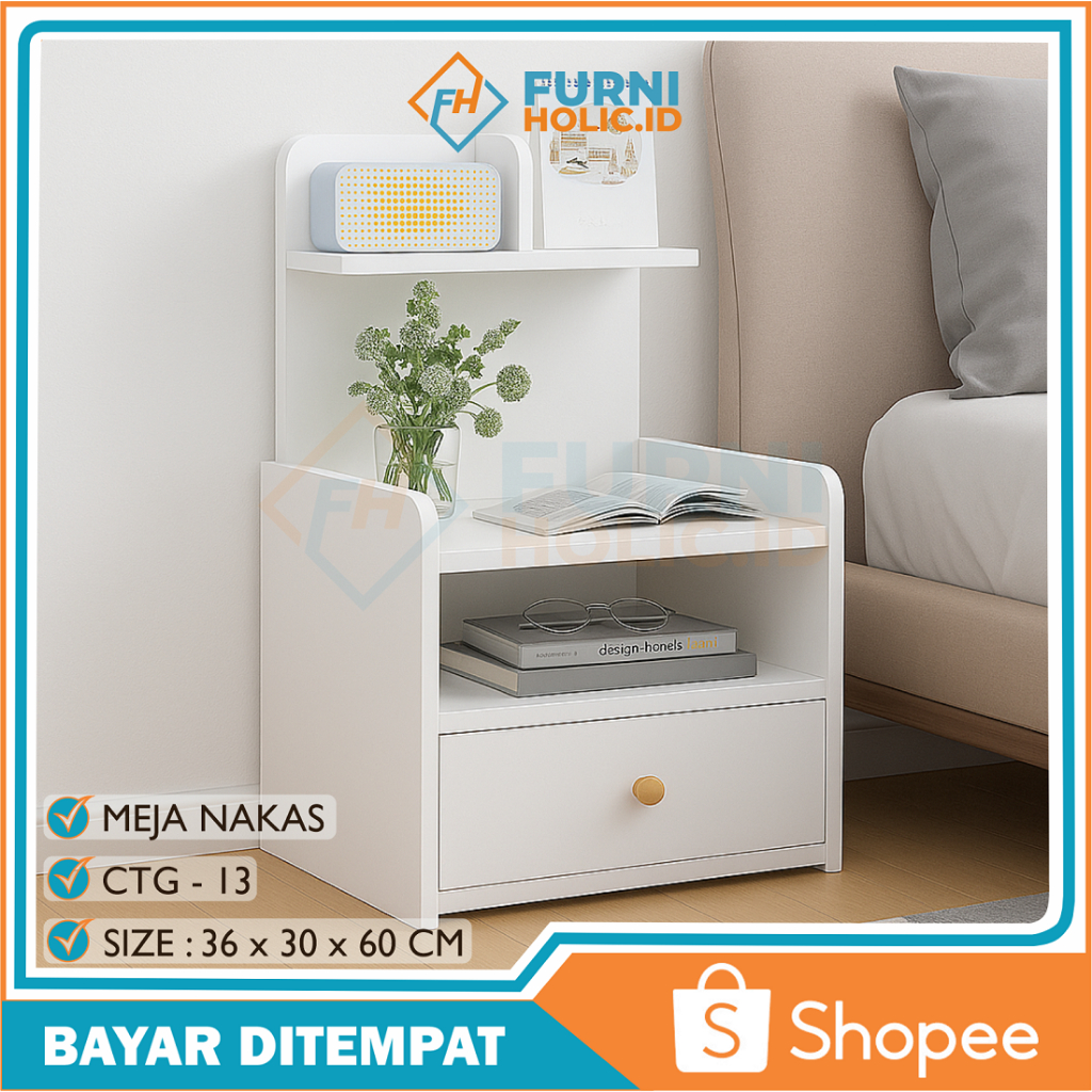 FURNIHOLIC Meja Nakas Kamar Tidur - Meja Kecil Aesthetic - Bedside Table - Meja Kamar Tidur