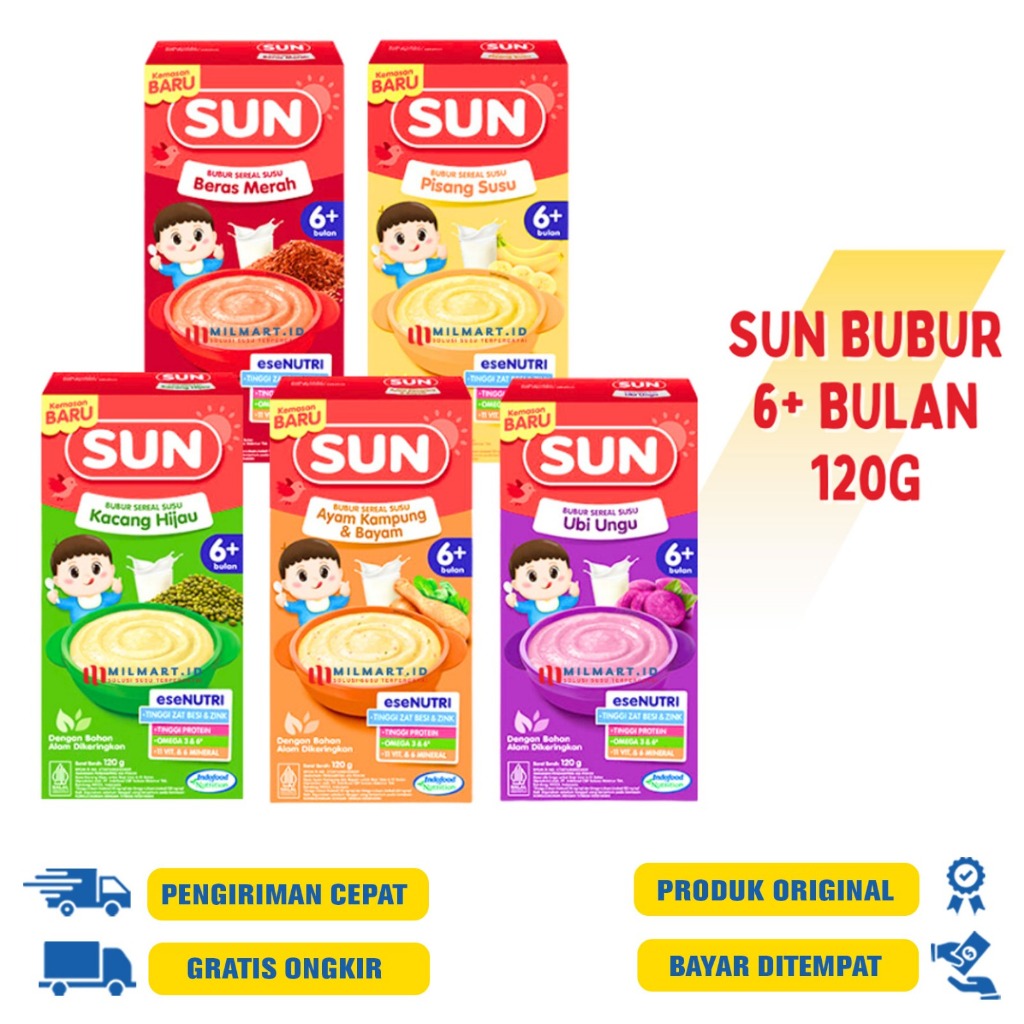 Sun Bubur Bayi 6 Bulan + Sereal Susu120G.R  | Sun Bubur Tim Instan 100 G.R