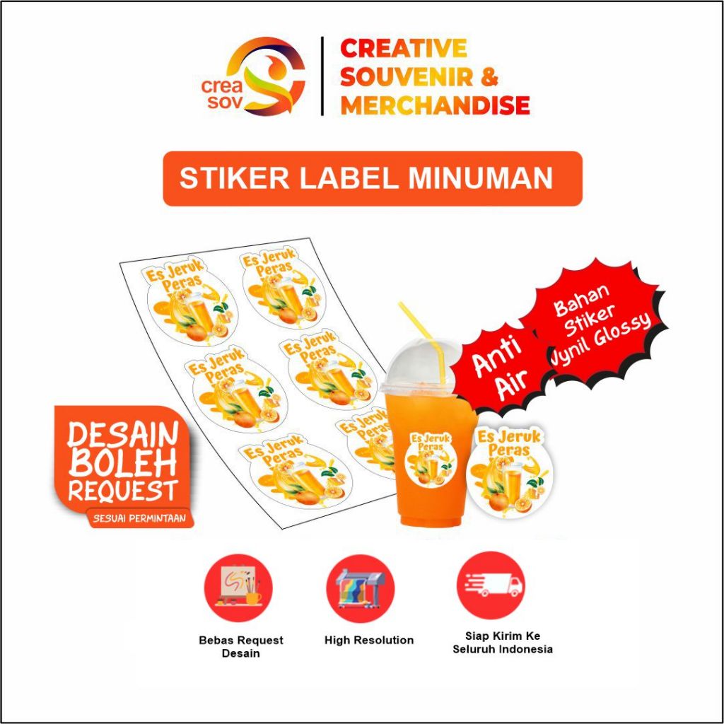 Creasov - Stiker Vinyl Es Jeruk Peras Cup Stiker Minuman Costum Stiker label Minuman Glossy Murah