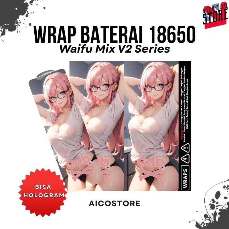 Wrap Baterai 18650 Anime Waifu Berkacamata Nudee Opai Series | Anti Air Jamur | Hitam Ungu Pink Puti