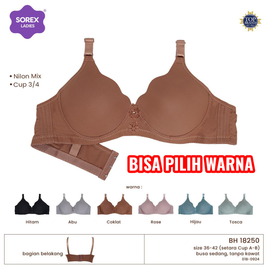 BH SOREX 18250 TANPA KAWAT BUSA KAIT 3 Cup A-B Cup 3/4 NILON MIX BH HARIAN UK 36-42