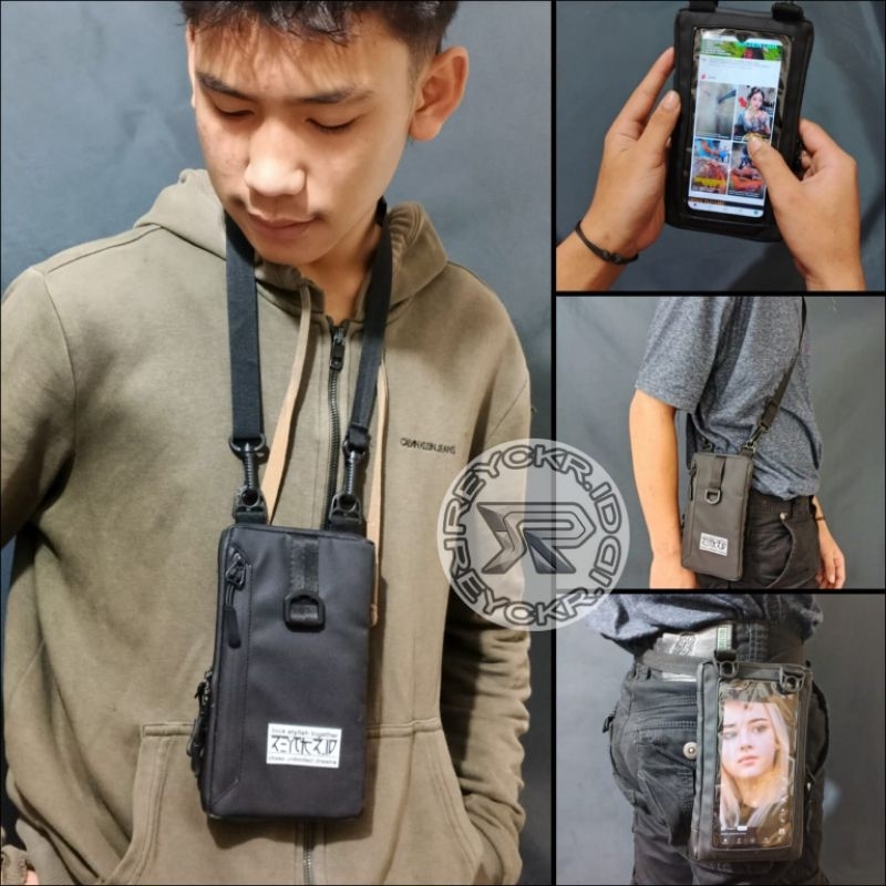 Tas hp Pria selempang kalung leher Elegan waterproof Hangging Wallet  Hitam Fashion Terbaru