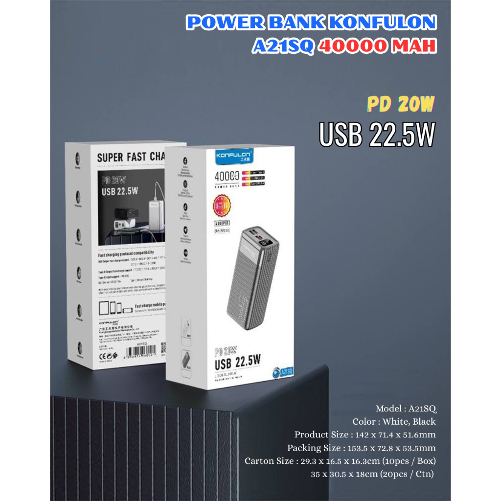 POWER BANK PORTABLE 40000MAH 3 CHARGE PORT USB+TYPE C / POWERBANK KONFULON A21SQ 40000 MAH QUICK CHA
