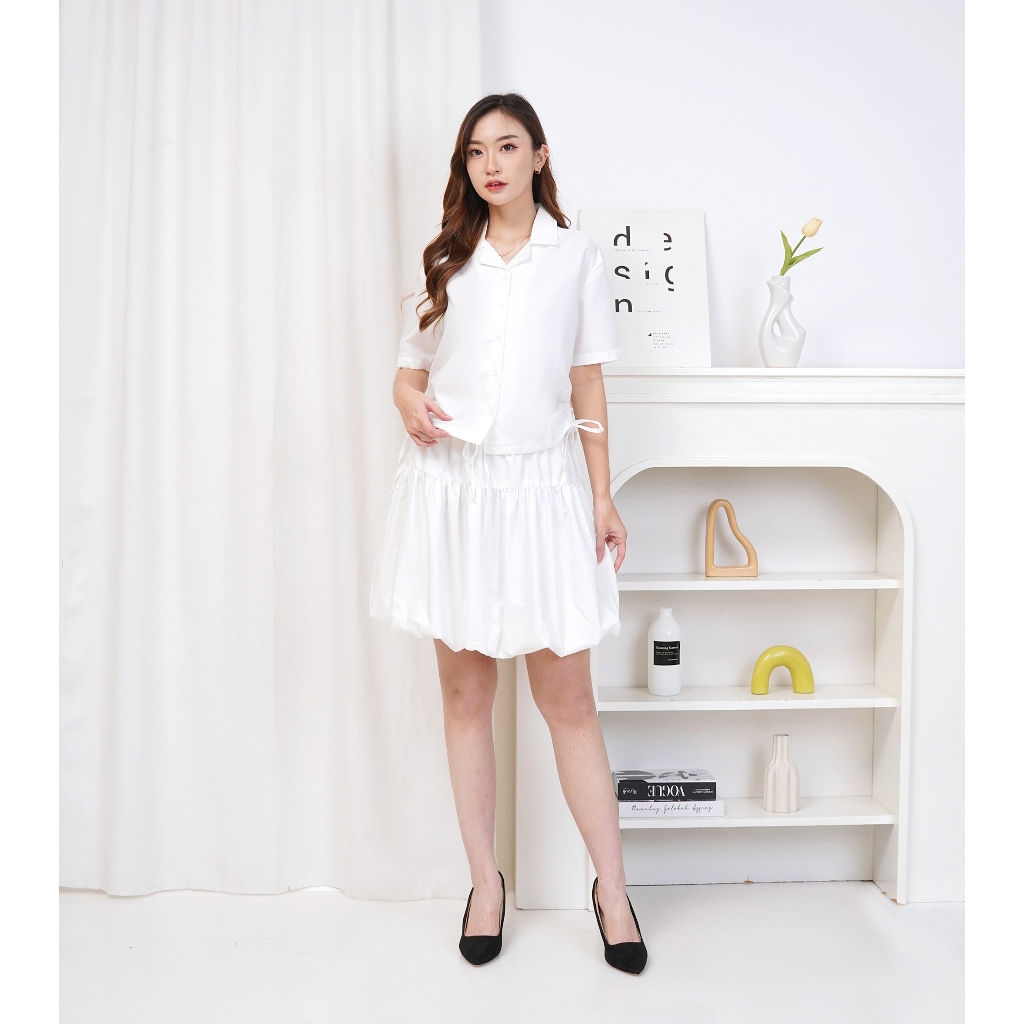 Set Baju Korea Wanita Elegan - Kemeja Tali Samping + Rok Balon Lucu Kekinian Bahan Adem Korea Look
