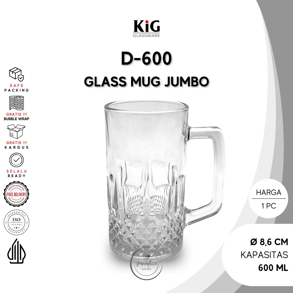 Kedaung Mug Kaca Gagang Jumbo D-600 600 ml Gelas Bir Handle Beer Glass Cangkir Teh Kopi Aesthetic