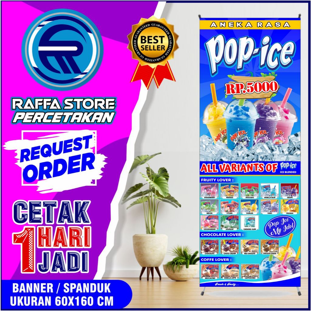 Spanduk Banner Minuman Pop Ice Ukuran 160x60 Cm Bisa Request