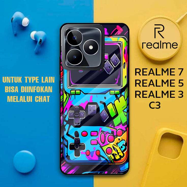 Custom Case Casing Glosy Tempered Glass Cover Belakang Skin Hp Realme 7, Realme 5, Realme 3, C3