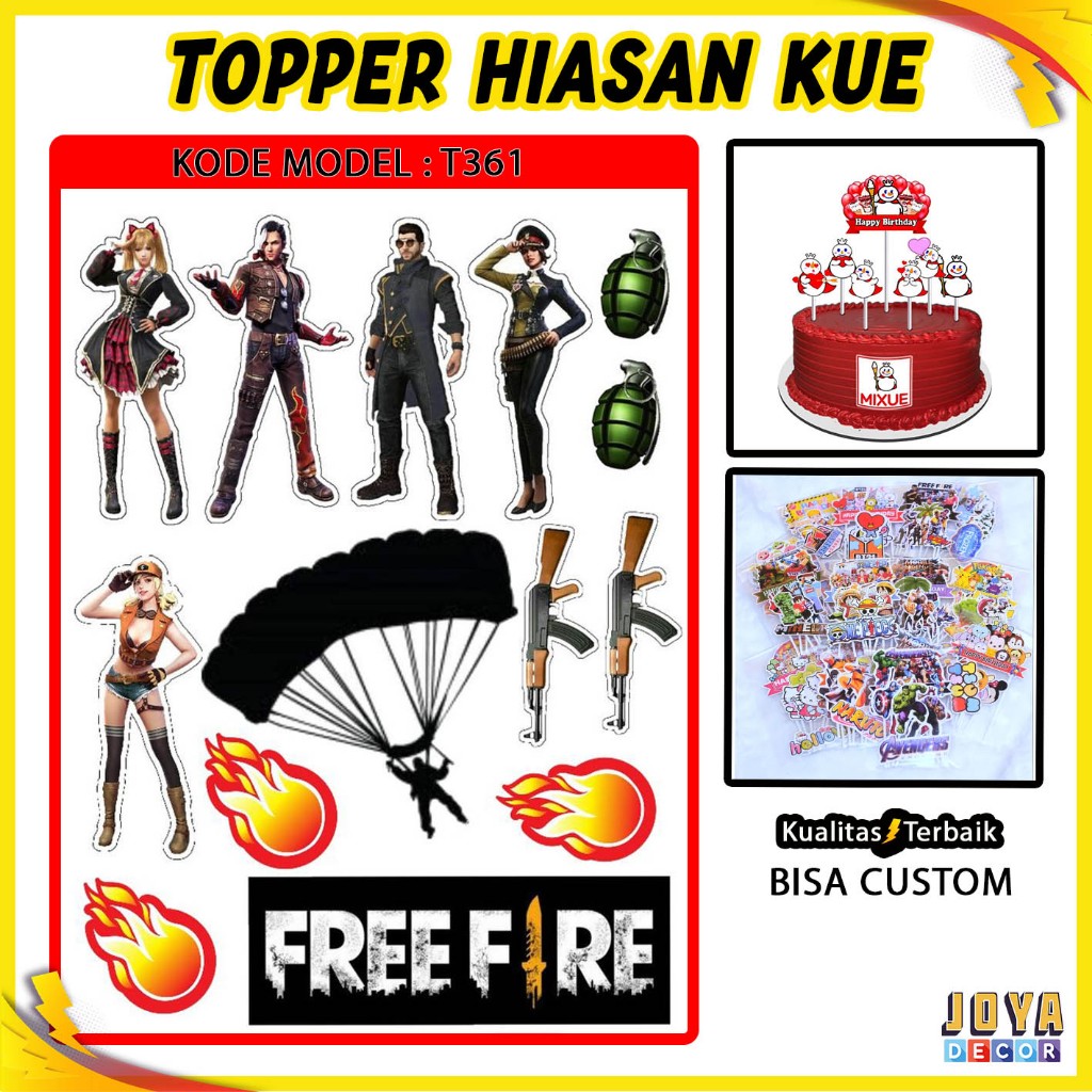 TOPPER KUE KARAKTER FREE FIRE , TOPPER CAKE FREE FIRE , TOPER HAPPY BIRTHDAY , HIASAN KUE KARAKTER T