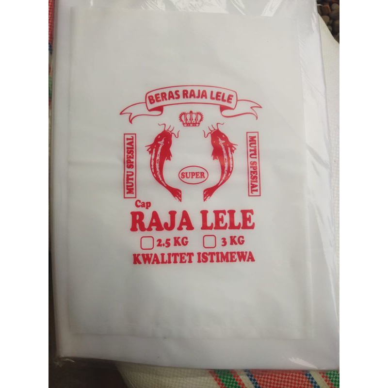 plastik kemasan beras 3 kg dengan cap raja lele isi 50